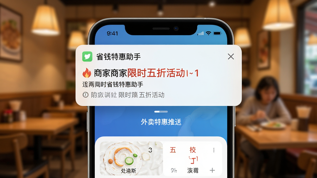 一张展示外卖省钱特惠助手实时特惠推送功能的手机界面,屏幕上方弹出通知横幅,显示附近商家限时五折活动,背景为温馨的餐厅场景虚化效果,画面主体突出通知内容,风格生活化,细节丰富,画质高清干净