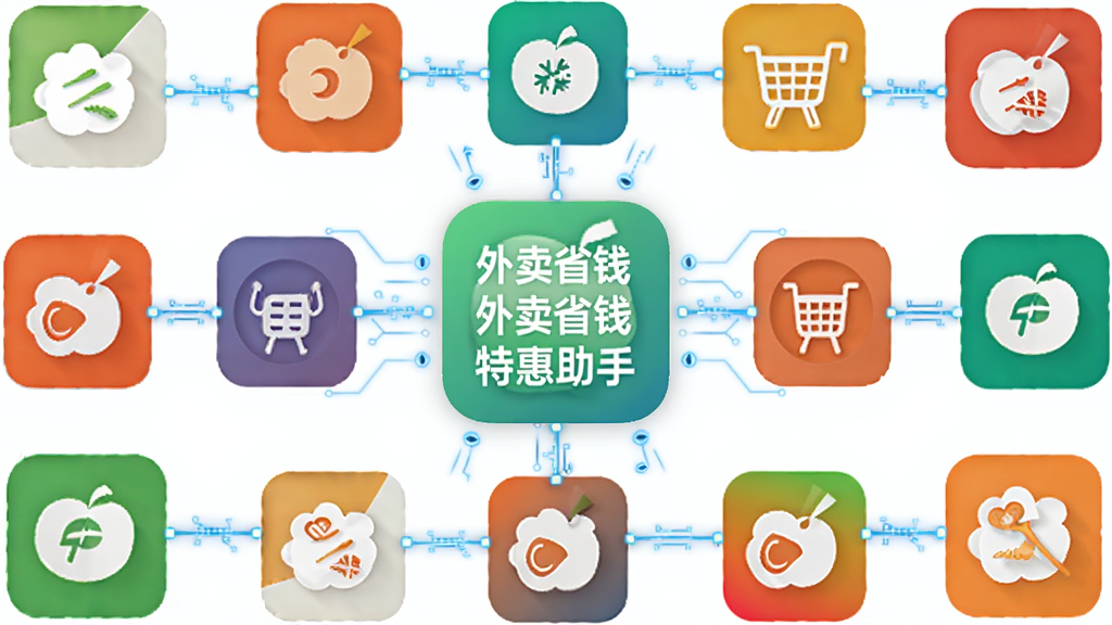一张展示外卖省钱特惠助手多平台兼容特性的示意图,画面中央是外卖省钱特惠助手图标,周围环绕着多个外卖平台标志,用连线表示数据互通,背景为纯白色,风格科技感十足,布局对称,细节精致,画质清晰干净