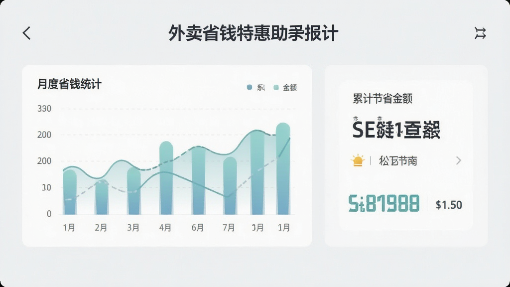 一张展示外卖省钱特惠助手订单省钱记录页面的图片,界面中显示月度省钱统计图表和累计节省金额数字,背景为浅灰色,图表使用柔和的蓝绿色调,布局清晰,风格商务简约,画面干净整洁,高清画质
