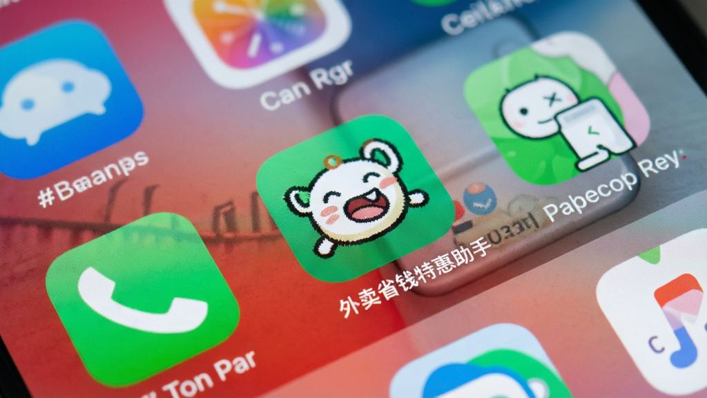 一张展示外卖省钱特惠助手在手机桌面上快捷方式图标的图片,图标位于屏幕显眼位置,周围是常见的手机应用图标,背景为手机壁纸,风格生活化,画面清晰,细节丰富,画质干净无多余元素