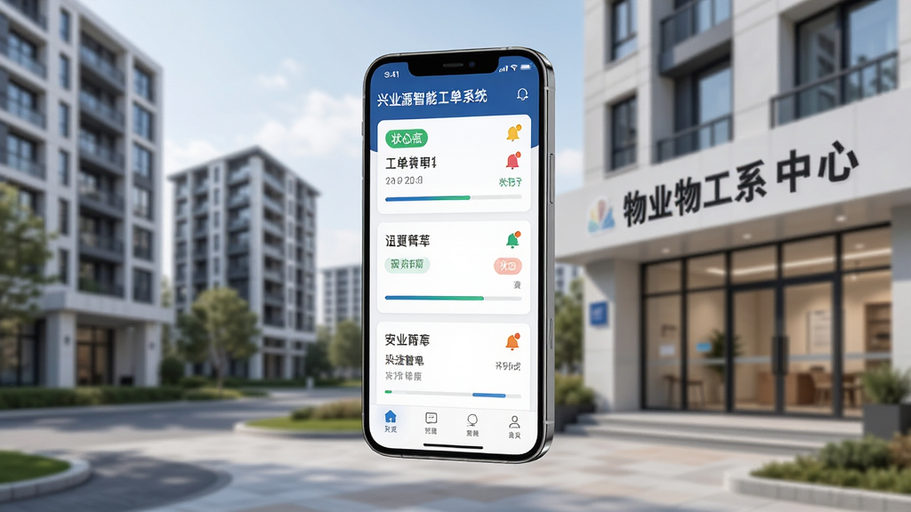 兴业源智慧工单系统手机端主界面展示,画面中央悬浮一部智能手机,屏幕显示工单列表与状态标签,背景为现代社区楼宇与物业服务中心,布局简洁清晰,风格商务科技感,细节包含工单卡片、进度条、通知图标,画质高清,干净,无多余元素