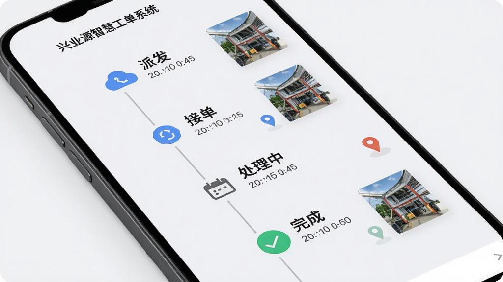 兴业源智慧工单系统工单进度时间轴界面,手机屏幕显示垂直时间轴,节点包括派发、接单、处理中、完成,每个节点带图标与时间文字,背景为浅灰色,风格简约清晰,细节包含照片缩略图与定位标记,画质高清,干净,无多余元素