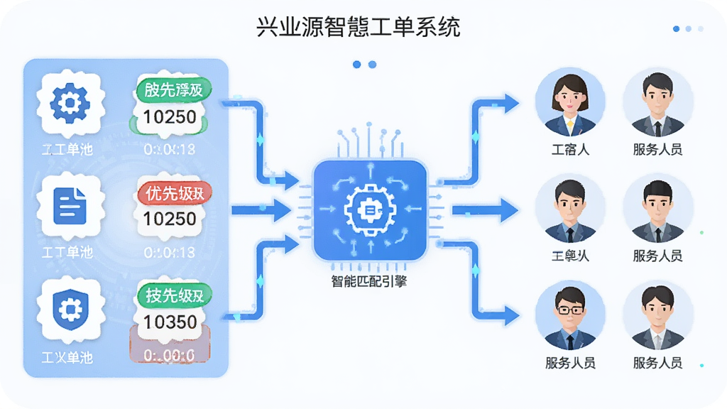 兴业源智慧工单系统智能派单流程示意图,画面左侧为工单池图标,中间为智能匹配引擎,右侧为多位服务人员头像,用箭头连接展示自动分配逻辑,布局横向展开,风格扁平化科技风,细节包含时间戳、优先级标签、技能图标,画质清晰,干净,无多余元素
