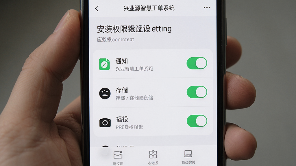 兴业源智慧工单系统安装权限设置界面,手机屏幕显示应用权限管理页面,包含通知、存储、相机等开关,背景为浅色设置菜单,风格简洁明了,细节包含权限图标与文字说明,画质高清,干净,无多余元素