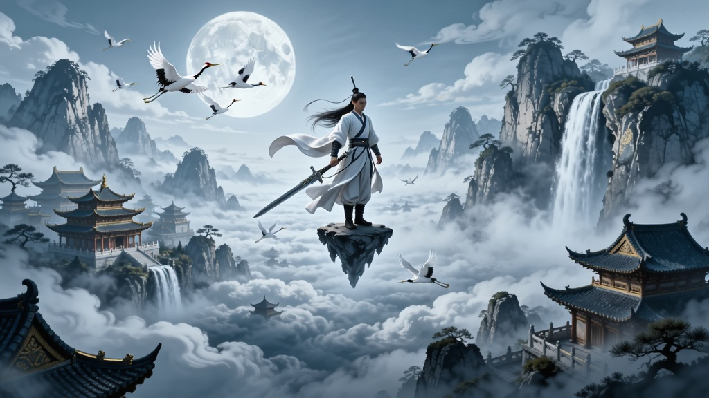一幅宏大的东方仙侠世界全景图,画面中央悬浮着一位身着白衣的御剑修士,脚下是云海翻涌的群山与古典仙宫建筑群,远处有灵鹤飞过、瀑布垂落,整体采用国风水墨与写实融合的绘画风格,色调以青蓝、月白与淡金为主,细节丰富,画质清晰干净,画面中不带任何文字元素