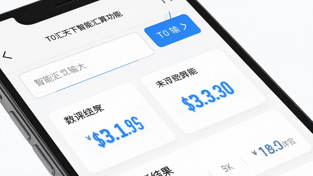 一张展示T0汇天下智能汇算功能的界面特写图,主体为手机屏幕中显示数据汇总结果列表,布局采用上下结构,上方为输入框下方为结果卡片,排版强调数字对比,风格为极简商务风,细节上数字采用高亮蓝色显示,背景干净白色,画质高清,无多余元素