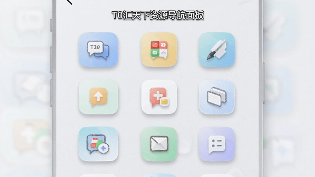 一张展示T0汇天下资源导航面板的截图,主体为手机屏幕显示多个功能图标网格,布局采用三列排布,排版整齐划一,风格为清新浅色系,细节上图标带有轻微圆角与投影,背景为淡雅灰白,画质清晰,干净无杂乱元素