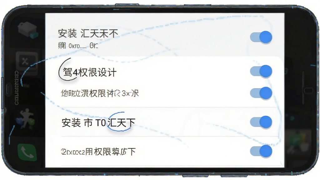 一张展示安卓手机安装T0汇天下时权限设置界面的示意图,主体为手机屏幕显示权限开关列表,布局为上下排列的开关项,排版清晰,风格为系统原生设置界面风格,细节上开关按钮为蓝色高亮状态,背景为纯白,画质高清,干净无多余元素