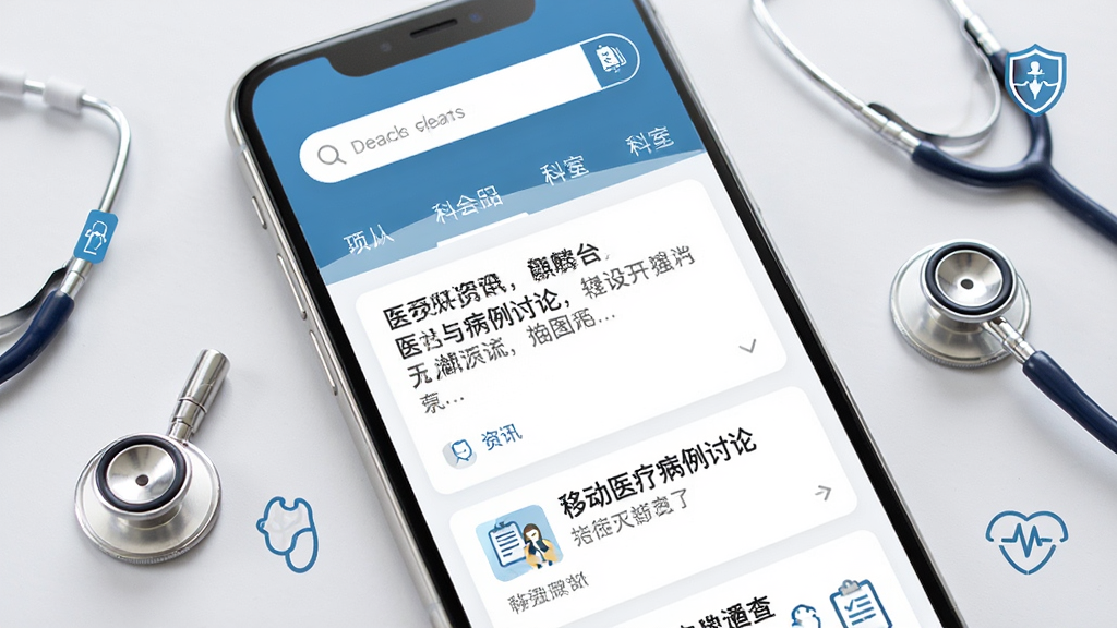 麒麟医创 移动医疗应用界面展示 主体为一部智能手机 屏幕显示医学资讯与病例讨论板块 布局采用上下分栏 上方为搜索栏与科室导航 下方为资讯卡片列表 排版简洁清晰 风格现代商务 细节包括听诊器与医学图标点缀 画质高清 干净 无多余元素