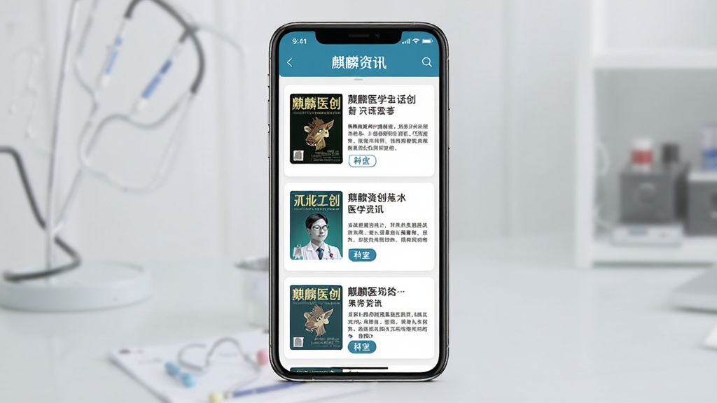 麒麟医创 医学资讯界面 主体为手机屏幕展示多篇医学文章卡片 布局为纵向列表 排版左侧缩略图右侧标题与摘要 风格专业严谨 细节包括期刊封面与科室标签 画质清晰 干净 无多余元素
