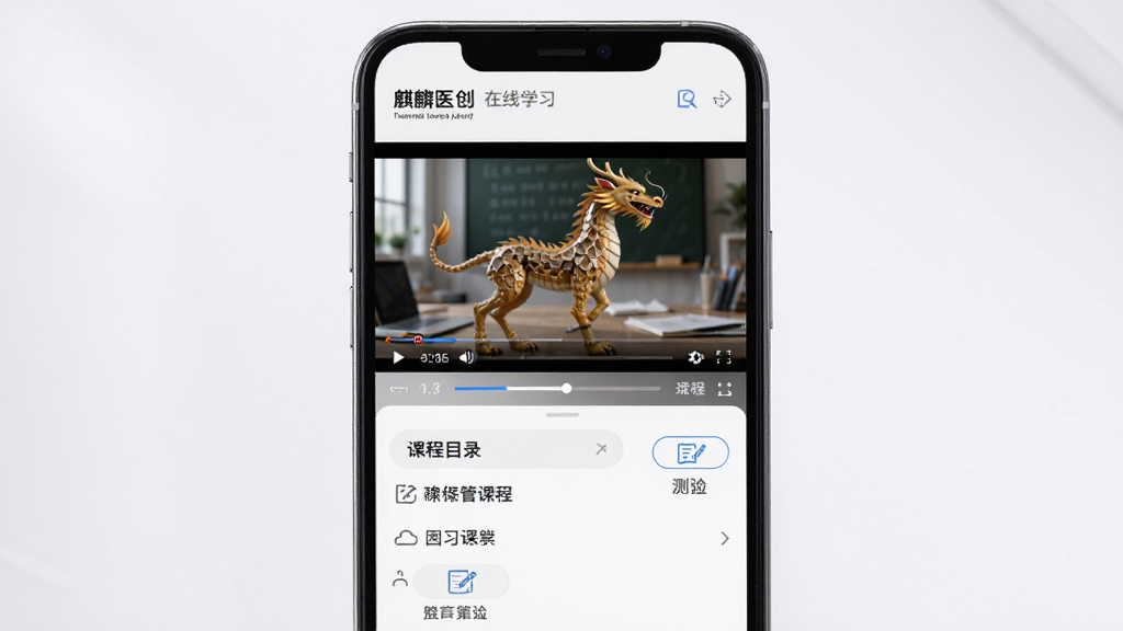 麒麟医创 在线学习界面 主体为手机屏幕展示视频课程播放页面 布局上方为视频播放区下方为课程目录与测验按钮 排版清晰 风格教育科技感 细节包括进度条与笔记图标 画质高清 干净 无多余元素