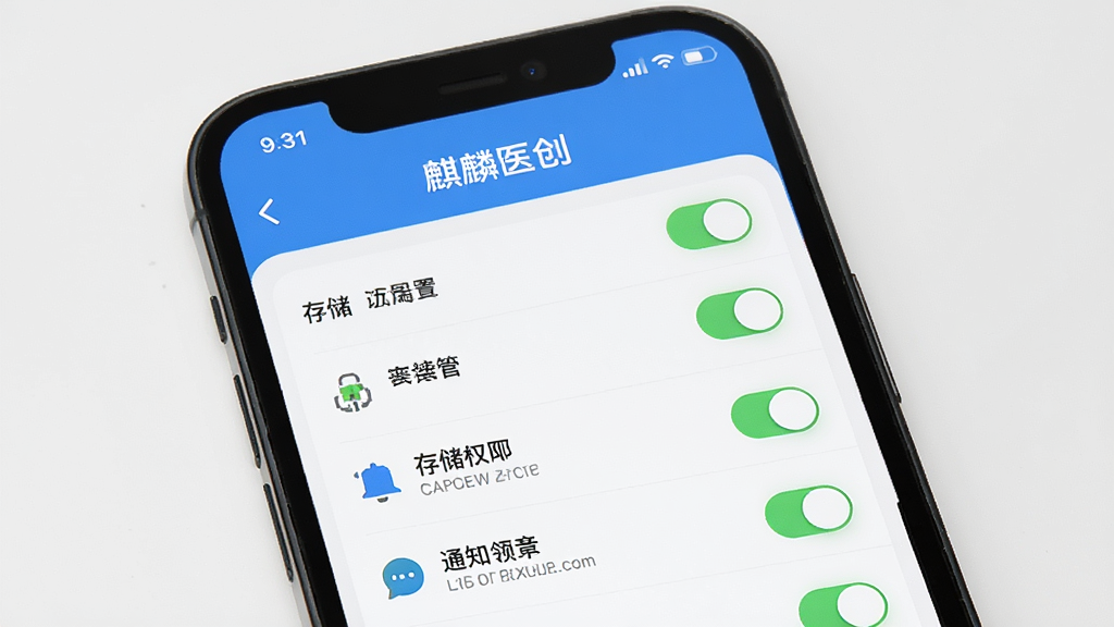 麒麟医创 安装设置界面 主体为手机屏幕展示权限管理页面 布局为列表式开关选项 排版整齐 风格简洁明了 细节包括存储权限与通知权限图标 画质清晰 干净 无多余元素