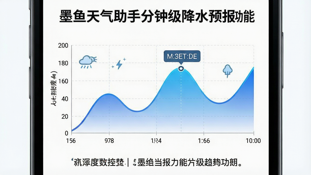 一张展示墨鱼天气助手分钟级降水预报功能的图片,主体是手机屏幕特写,屏幕上显示着一条波浪形的降水趋势图,横轴为时间,纵轴为降水强度,图表下方配有文字说明。布局采用上下结构,上方是标题,中间是图表,下方是提示文字。风格为科技感数据可视化,细节包括蓝色渐变曲线、清晰的网格线、醒目的当前时间标记。画质高清,画面干净,无多余元素。