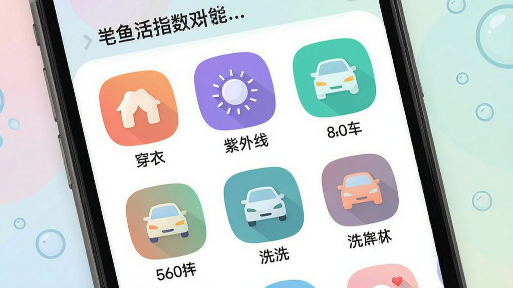 一张展示墨鱼天气助手生活指数功能的图片,主体是手机屏幕,屏幕上排列着多个彩色圆角图标,每个图标代表一项生活指数,如穿衣、紫外线、洗车等,图标下方有简短文字说明。布局为网格状排列,风格清新活泼,细节包括柔和的背景色、扁平化图标设计、清晰的文字标签。画质高清,画面干净,无多余元素。