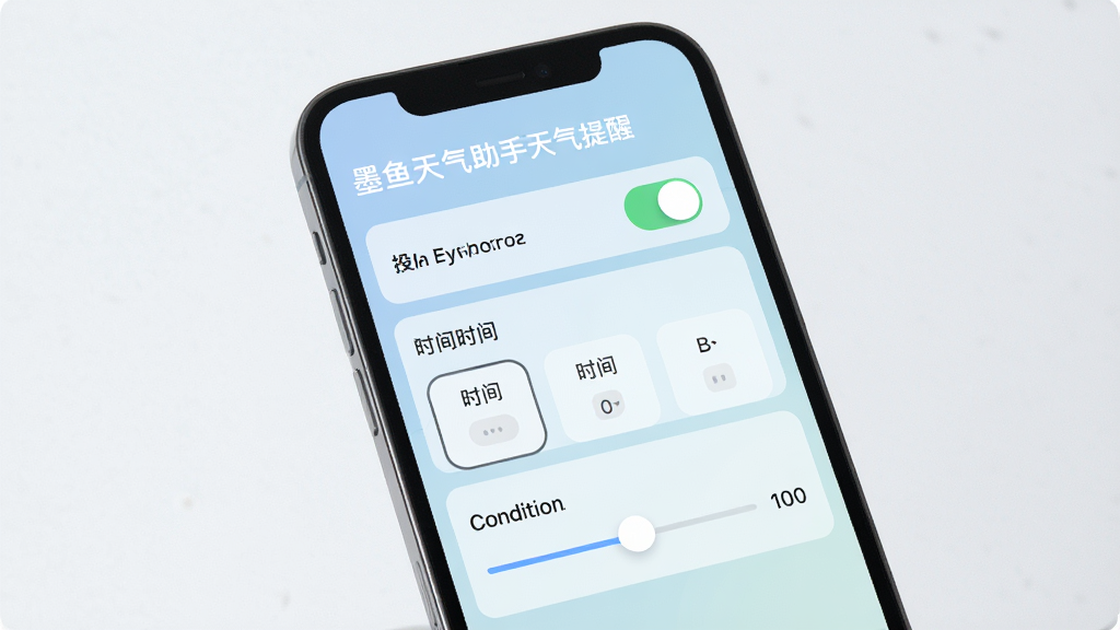 一张展示墨鱼天气助手天气提醒设置界面的图片,主体是手机屏幕,屏幕上显示着提醒设置选项,包括开关按钮、时间选择器和条件滑块。布局为表单式排列,风格现代简约,细节包括清晰的标签文字、圆角开关、柔和的背景色。画质高清,画面干净,无多余元素。