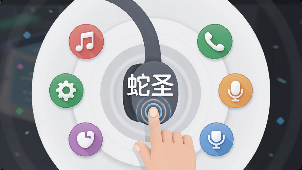 软件名称“蛇圣”显示在界面中央,主体为一只手指轻触耳机柄部,周围环绕多个功能图标如音乐符号、电话、麦克风,布局为圆形放射状,风格为柔和圆角扁平插画,细节包括触控波纹、浅灰底色、彩色图标,画质高清,画面干净,无多余元素