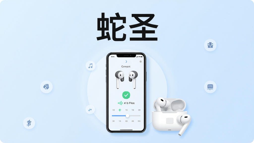 软件名称“蛇圣”大字居中,背景为浅蓝渐变,中央放置一部智能手机,手机屏幕上显示耳机连接界面与音效调节滑块,手机旁边摆放一副白色蓝牙耳机,整体布局简洁对称,风格为现代科技扁平插画,细节包括耳机充电仓、柔和光晕、细小图标点缀,画质高清,画面干净,无多余元素