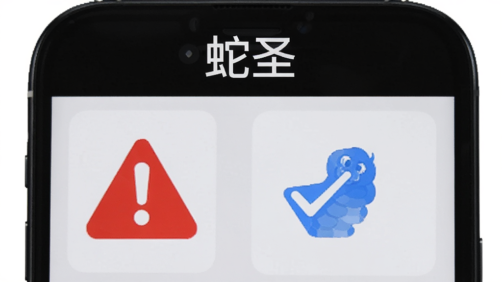 软件名称“蛇圣”出现在手机屏幕上方,画面主体为手机显示设置界面与警告图标,布局为上下结构,风格为简洁警示风格,细节包括红色感叹号、蓝色对勾、浅灰背景,画质清晰,干净无多余元素
