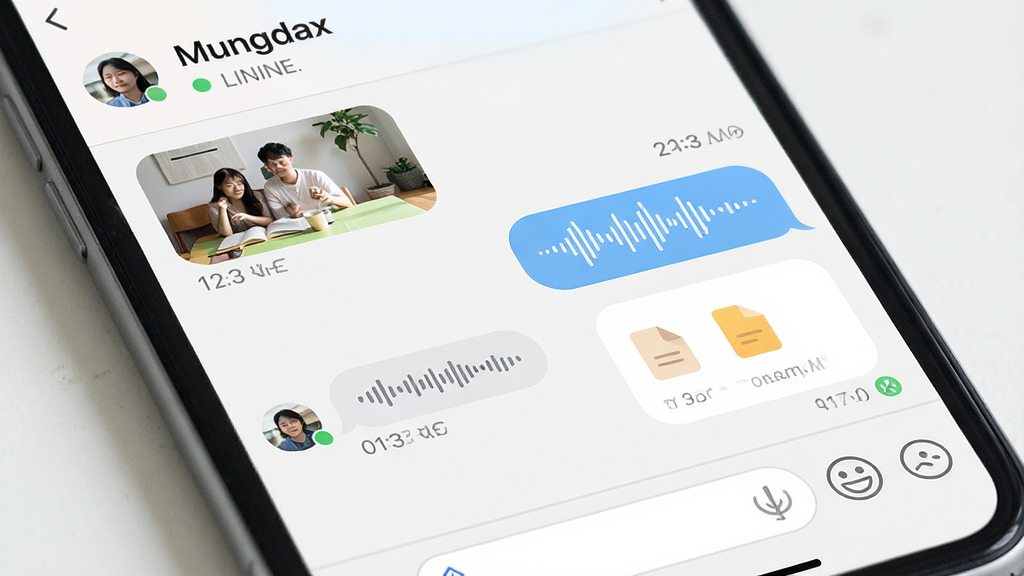 一张 Mungdax 聊天对话界面的特写图,画面主体为手机屏幕中的聊天窗口,左侧显示接收到的图片与语音条,右侧显示已发送的文字气泡与文件卡片,顶部有联系人名称和在线状态,底部有输入框与表情按钮,风格清新简约,配色柔和,细节包括时间戳、已读标记、语音波形,画质干净,无杂乱背景