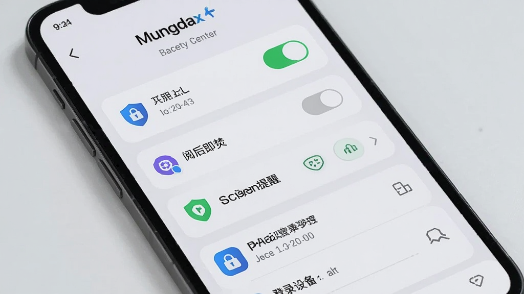 一张 Mungdax 隐私设置页面的场景图,画面展示手机屏幕中的安全中心界面,包含应用锁开关、阅后即焚选项、截屏提醒按钮以及登录设备管理列表,背景为浅灰色,图标采用盾牌与锁的造型,风格科技感且简洁,细节包括开关状态、设备名称、时间记录,画质清晰,无多余装饰