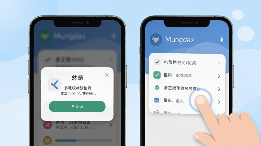 一张 Mungdax 新手设置引导页面的示意图,画面展示手机屏幕中权限授权弹窗与电池优化白名单列表,旁边有手指点击的示意,背景为浅蓝色渐变,风格友好亲切,细节包括权限图标、允许按钮、进度条,画质干净,无多余元素