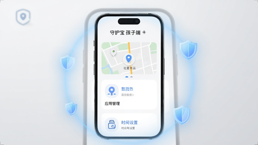 画面中央一部智能手机屏幕显示守护宝孩子端主界面,界面包含位置地图、应用管理、时间设置三个功能卡片,手机周围环绕淡蓝色光晕与盾牌图标,布局为上下结构上方软件名称下方功能展示,排版居中对称,风格为科技简约扁平化,细节上手机边框圆润、图标线条细腻、背景为浅灰渐变,画质高清干净无多余元素