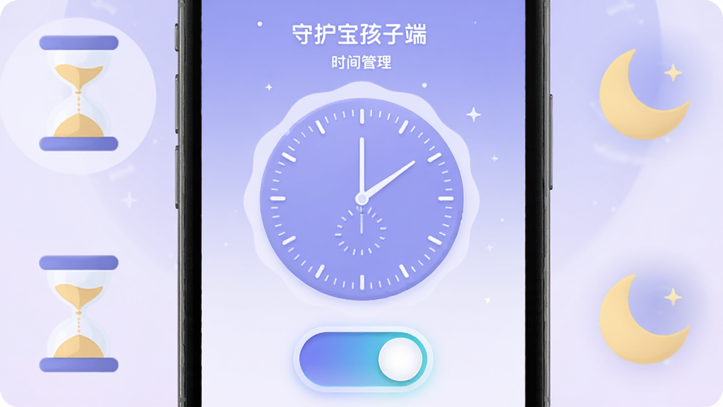 画面中央手机屏幕显示守护宝孩子端时间管理界面,界面有圆形时间刻度盘与开关按钮,周围环绕沙漏与月亮图标,布局为居中对称,排版清晰,风格为柔和圆角扁平风,细节上刻度盘线条细腻、按钮有微光、背景为淡紫渐变,画质高清干净无多余元素