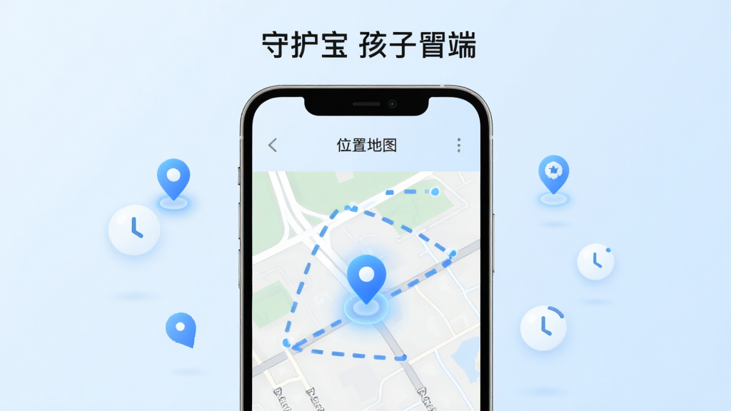 画面中央一部手机展示守护宝孩子端位置地图界面,地图上有蓝色定位标记与虚线轨迹,周围漂浮定位图标与时钟图标,布局为上方标题下方地图,排版简洁明了,风格为清新科技风,细节上地图道路清晰、标记点有光晕效果、背景为柔和浅蓝,画质高清干净无多余元素