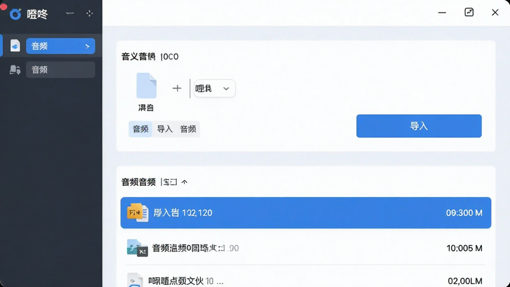一张展示“噔咚”软件自定义导入界面的图片,画面中有一个文件选择区域和导入按钮,下方显示已导入的音频文件列表,布局清晰,风格为浅色主题搭配蓝色强调色,细节上文件条目带有格式图标和时长信息,画质清晰干净,无多余元素
