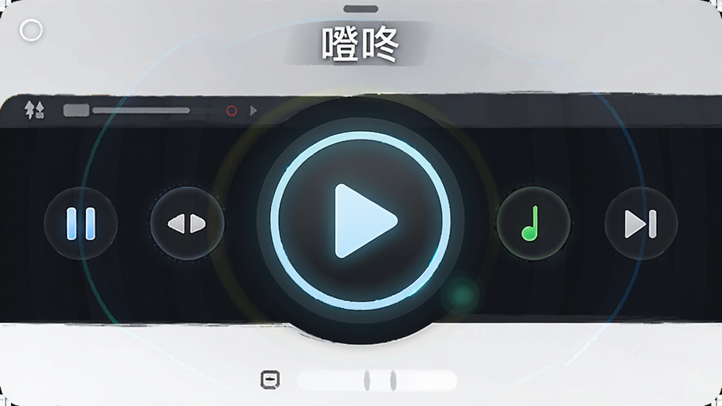 一张展示“噔咚”软件播放控制界面的图片,画面中央有一个醒目的圆形播放按钮,周围环绕着暂停、上一首、下一首等控制图标,布局对称,风格为深色背景搭配亮色图标,细节上按钮带有发光效果,画质清晰干净,无多余元素