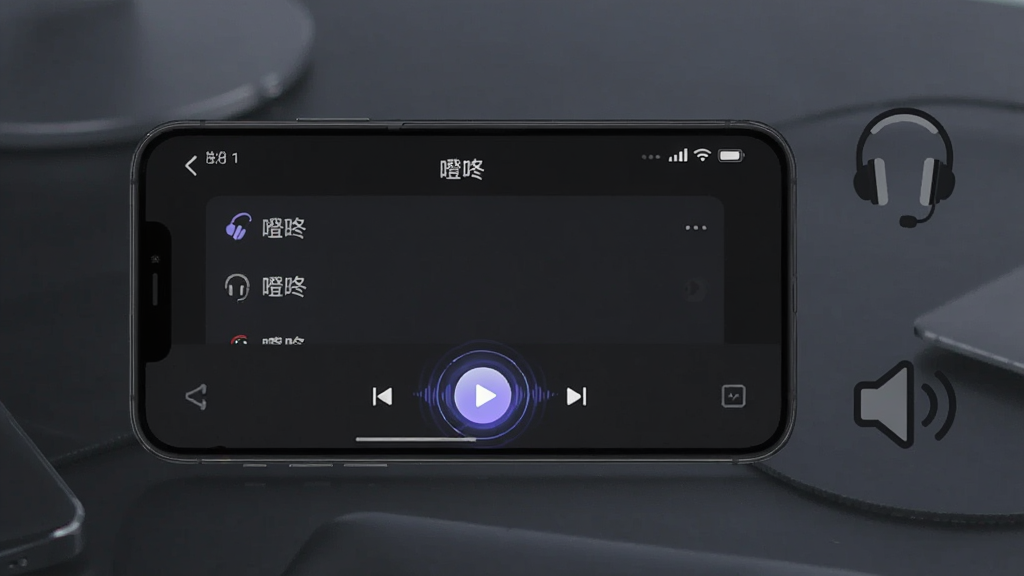 一张展示手机使用“噔咚”软件播放音效的场景图,画面中手机横屏放置,屏幕显示播放列表和高亮播放按钮,旁边有耳机和扬声器图标作为装饰元素,布局为左右分栏,风格为科技感深色主题,细节上播放按钮有脉冲光效,画质清晰干净,无多余元素