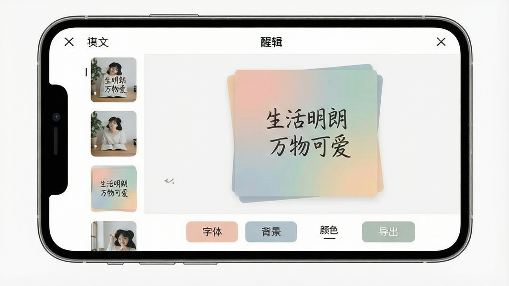 一张手机屏幕展示醒文应用主界面,画面中央是醒文App的文字卡片编辑页面,左侧竖排显示模板缩略图,右侧展示一张正在编辑的文艺风格文字卡片,卡片上写有“生活明朗 万物可爱”字样,背景是柔和的莫兰迪色渐变,界面底部有字体、背景、颜色、导出四个功能按钮,整体风格清新简约,UI设计干净现代,画质清晰,无多余元素