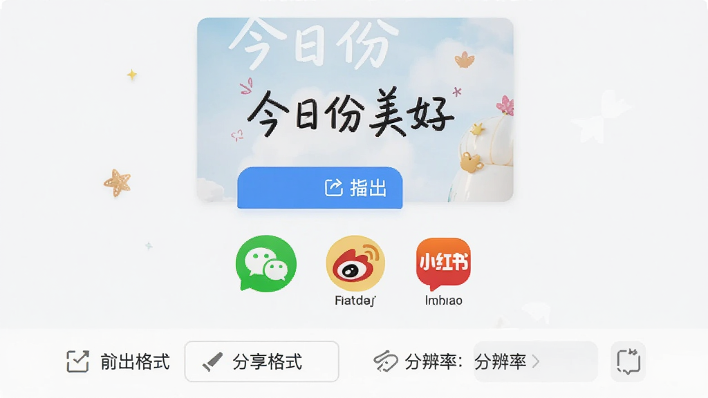 醒文App导出分享界面,画面展示一张已完成编辑的文字卡片预览图,卡片上写有“今日份美好”字样,下方有导出按钮和分享图标,包括微信、微博、小红书等平台图标,界面底部显示导出格式和分辨率选项,整体风格清爽简洁,画质高清,无多余元素