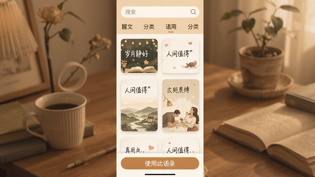 醒文App灵感语录库界面,画面展示醒文软件中的语录列表页面,每条语录以卡片形式排列,包含“岁月静好”“人间值得”等文字内容,界面顶部有搜索框和分类标签,底部有“使用此语录”按钮,整体风格温暖文艺,排版整齐,画质清晰,无多余元素