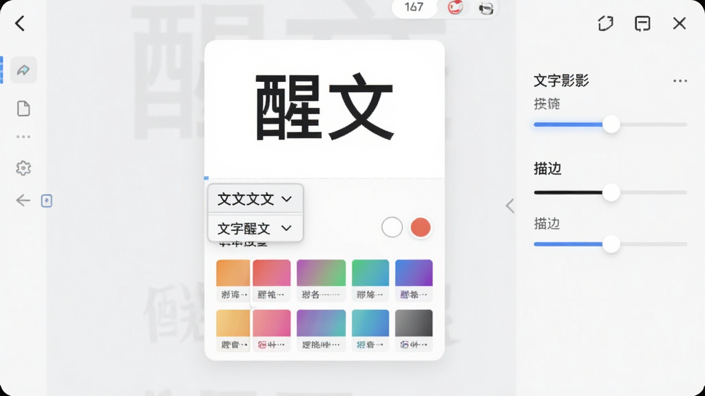醒文App字体与配色编辑界面,画面中央是一张正在编辑的文字卡片,卡片上方显示“醒文”字样,下方有字体列表下拉菜单和颜色选择器,色板展示多种渐变配色方案,界面右侧有文字阴影和描边调节滑块,整体风格简洁专业,UI布局清晰,画质细腻,无多余元素