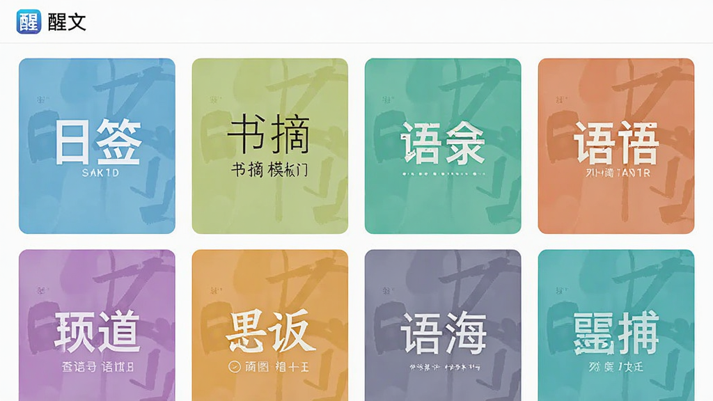 醒文App模板选择界面截图风格,画面展示醒文软件中排列整齐的多种文字卡片模板缩略图,包括日签模板、书摘模板、语录模板等,每个模板都有不同的背景色和字体搭配,界面顶部有“醒文”应用名称标识,整体布局为网格状,风格清新文艺,画质干净清晰,无多余装饰元素