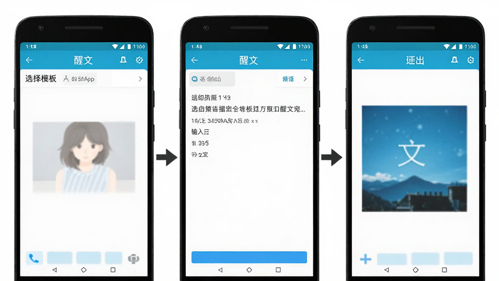 醒文App在手机上的操作步骤示意图,画面展示一部安卓手机屏幕,屏幕上显示醒文应用从选择模板到输入文字再到导出图片的三个步骤截图,每步都有箭头连接,界面风格简洁明了,画质清晰,无多余元素