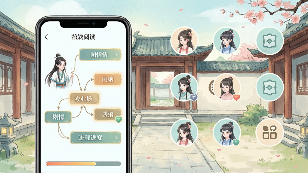 一幅展示互动阅读应用特色功能的宣传图,画面主体为手机界面中呈现多个剧情分支选择按钮,背景为古风庭院场景插画,布局为左侧手机展示右侧功能图标排列,风格为清新唯美插画风,细节包括角色立绘、选项高亮效果、剧情进度条,画质高清,干净,无多余元素
