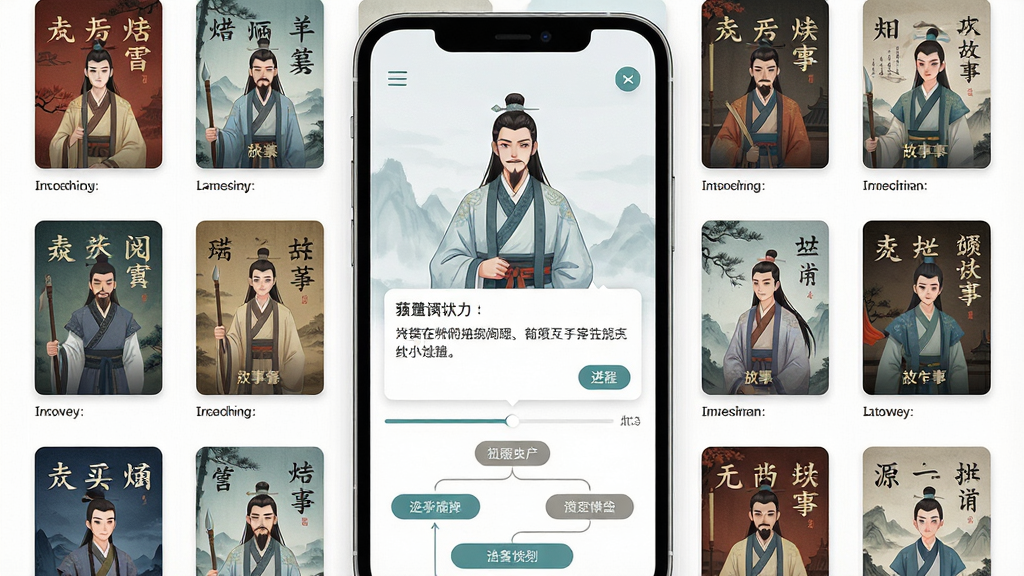 一张手机屏幕展示互动阅读应用的界面,屏幕中央是古风人物立绘与剧情对话框,周围环绕多个故事封面缩略图,整体布局为竖版手机展示,排版简洁清晰,风格为现代扁平化UI设计,细节包括按钮图标、进度条、选择分支选项,画质高清,干净,无多余元素