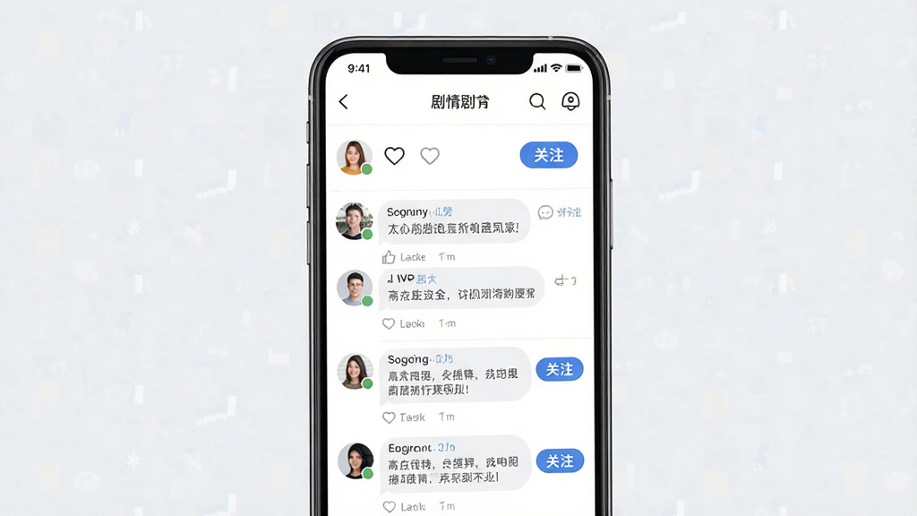 一张展示手机应用社区互动功能的界面图,画面主体为手机屏幕中显示用户评论区与剧情讨论帖子列表,布局为竖版手机展示,排版整齐,风格为现代社交应用UI设计,细节包括头像、点赞图标、评论气泡、关注按钮,画质高清,干净,无多余元素