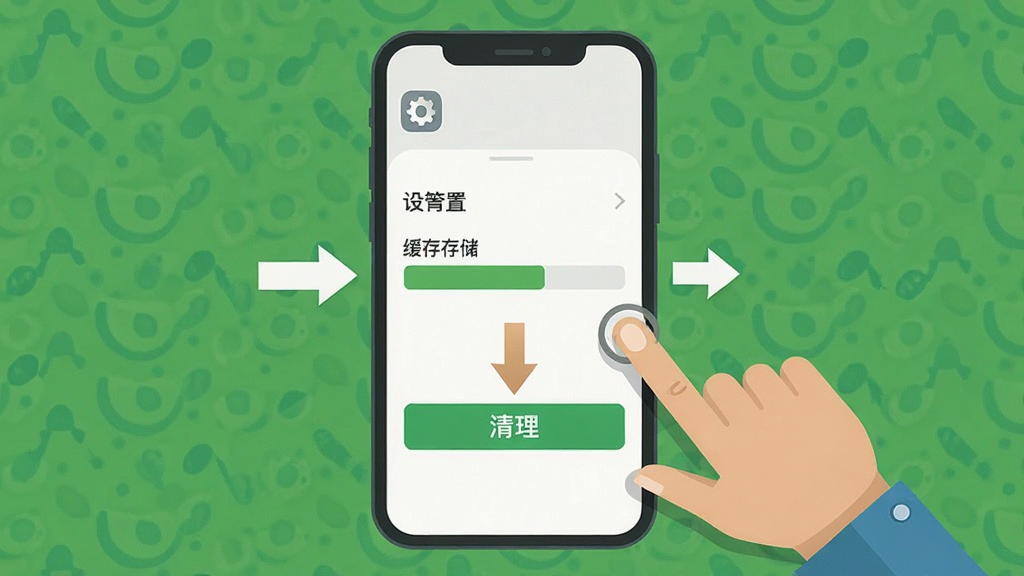 一张展示手机应用使用教程的示意图,画面主体为手机屏幕中显示设置菜单与缓存清理选项,布局为竖版手机展示配合手指点击操作示意,风格为扁平化教程插图,细节包括设置图标、存储条、清理按钮、操作箭头,画质高清,干净,无多余元素