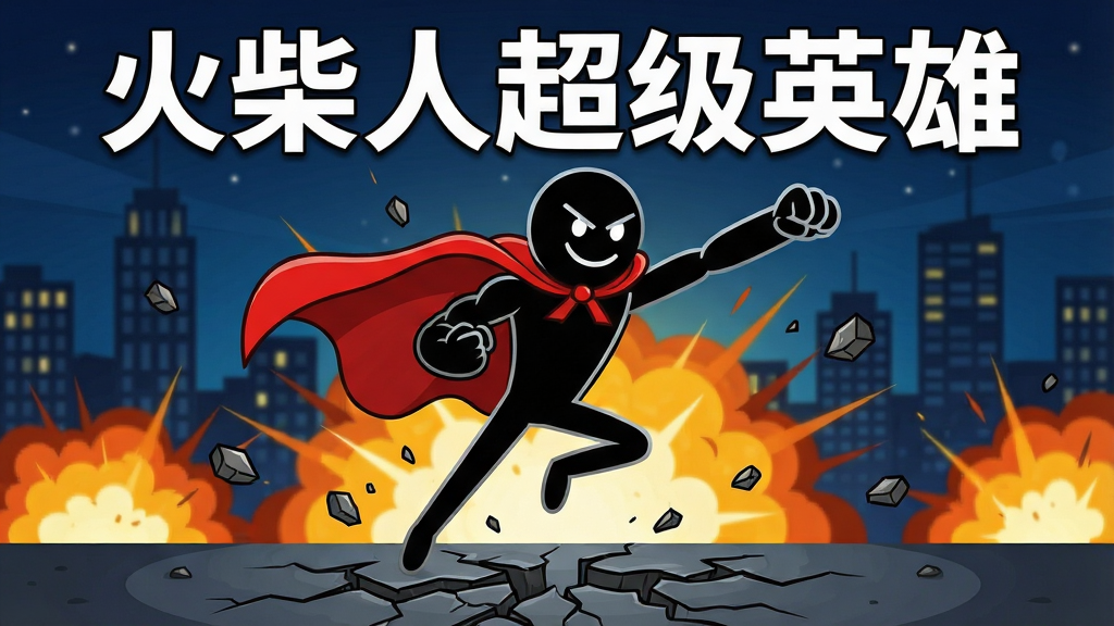 画面中央一位黑色火柴人超级英雄身穿红色披风,摆出腾空出拳的姿势,背景是夜晚的城市天际线与爆炸火光,主体突出,布局采用中心对称构图,排版简洁有力,风格为美式卡通动作插画,细节包括火柴人肌肉线条、披风飘动、地面裂纹、飞溅碎石,画质高清,画面干净,无多余元素,图片上方用白色粗体字写着“火柴人超级英雄”