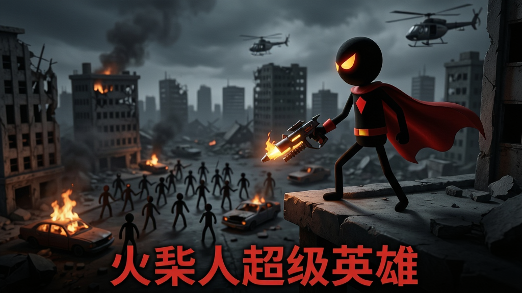 火柴人超级英雄站在城市废墟的高处俯视下方成群敌人,主体为火柴人英雄与远处敌人阵列,布局采用高低对比构图,排版强调英雄孤胆感,风格为暗黑都市动作风,细节包括破损建筑、燃烧的车辆、远处的直升机、英雄手中发光的武器,画质精细,画面干净,无多余元素,图片底部用红色字体写着“火柴人超级英雄”