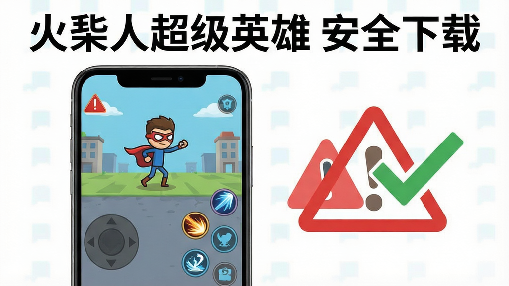 一部智能手机屏幕上显示火柴人超级英雄的游戏界面,旁边有一个红色警告标志和绿色对勾标志,主体为手机与游戏画面,布局采用左右对比构图,排版突出安全提示,风格为扁平化信息图风格,细节包括虚拟摇杆、技能按钮、警告图标、对勾图标,画质清晰,画面干净,无多余元素,图片上方用黑色字体写着“火柴人超级英雄 安全下载”