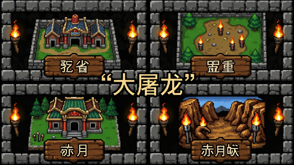 打开游戏界面显示复古传奇风格地图选择界面,主体是比奇城、盟重省、祖玛寺庙、赤月峡谷四个地图入口图标,布局采用2x2网格排列,排版整齐居中,风格为复古像素游戏UI,细节包括每个地图入口的木质牌匾、石砖边框、火把装饰,画面中央打上引号文字“大屠龙”,画质高清,干净,无多余元素