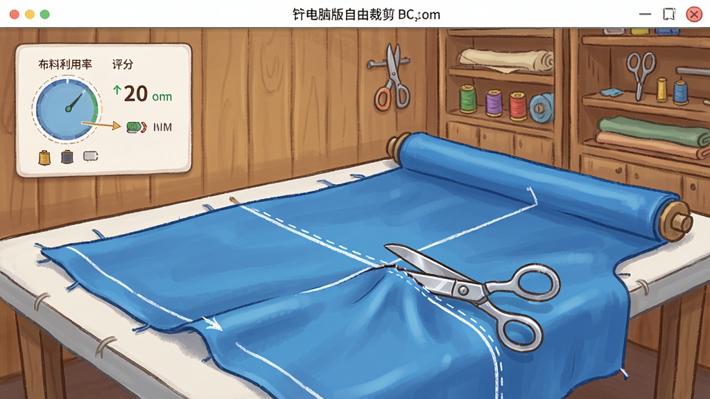 针影裁梦PC电脑版自由裁剪系统界面,画面展示一块铺展在裁床上的蓝色丝绸布料,布料表面有白色的裁剪辅助线,一把银色剪刀正沿着线条裁剪,旁边显示布料利用率和评分数据面板,背景是裁缝工作室的木质墙壁和工具架,卡通手绘风格,色彩清新,画质细腻干净,无多余元素