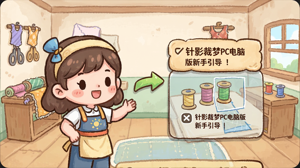 针影裁梦PC电脑版新手引导界面,画面展示一位可爱的游戏向导NPC正在向玩家展示裁剪操作步骤,屏幕上有箭头指示和文字说明框,背景是简洁的裁缝教室场景,卡通手绘风格,色彩明快,画质清晰干净,无多余元素