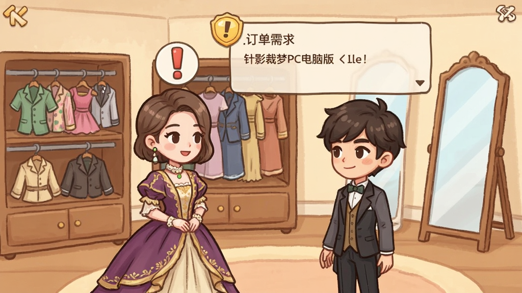 针影裁梦PC电脑版剧情任务界面,画面展示一位穿着华丽礼服的顾客正在裁缝铺内与玩家角色对话,顾客头顶有感叹号任务标记,对话框显示订单需求,背景是挂满成衣的展示架和试衣镜,卡通手绘风格,色调温暖,画质清晰干净,无多余元素