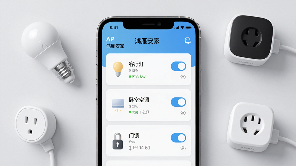 画面主体为一部智能手机,屏幕上显示“鸿雁安家”APP的设备管理列表界面,列表中排列着“客厅灯”、“卧室空调”、“门锁”等设备卡片,每个卡片上有开关按钮和状态指示。手机旁边散落着几个迷你智能设备模型,如灯泡、插座。布局采用居中构图,背景为浅灰色。风格简约现代,细节上手机界面有清晰的UI元素。画质高清,干净,无多余元素。