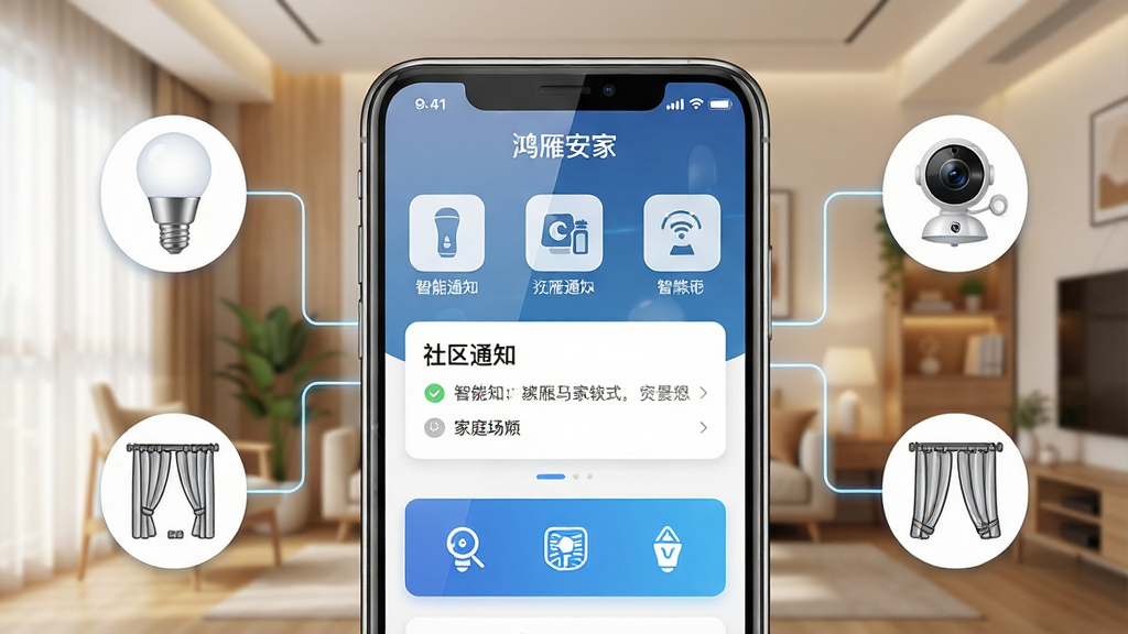 一张展示鸿雁安家软件界面的概念图,画面中央是手机屏幕,屏幕内显示“鸿雁安家”APP的首页,有智能设备图标、社区通知卡片和家庭场景模式按钮。手机周围环绕着智能灯泡、摄像头、窗帘电机等设备图标,通过线条与手机连接。背景是温馨的现代家居环境,布局简洁,风格科技感与生活化结合。细节上,手机屏幕有轻微反光,图标清晰。画质高清,干净,无多余元素。